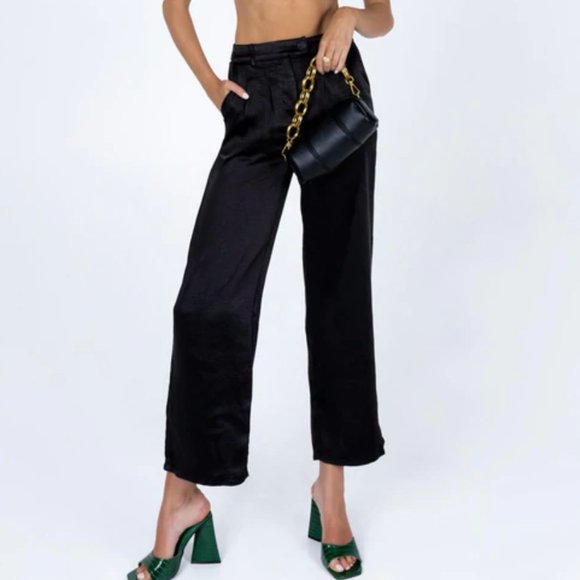 Princess Polly Huxley Black Satin Wide Leg Trouser Pants 8 - Picture 3 of 10